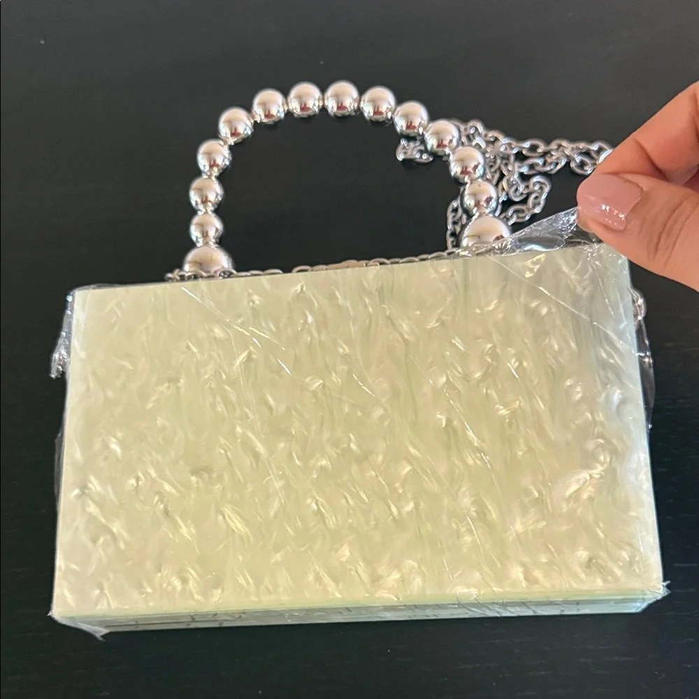 ASOS DESIGN marble resin clutch/ crossbody silver tone beaded handle Mint NEW